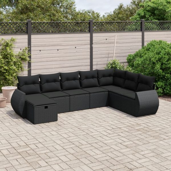 8-delige Loungeset met kussens poly rattan zwart