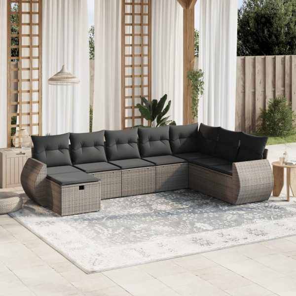 8-delige Loungeset met kussens poly rattan grijs