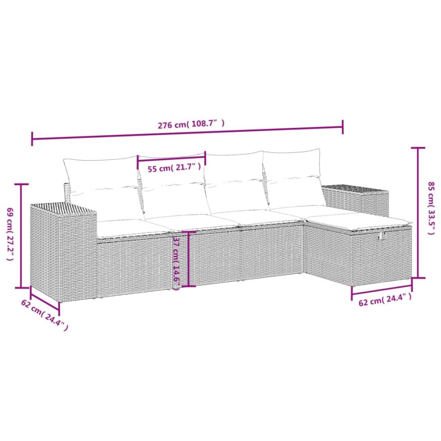 5-delige Loungeset met kussens poly rattan gemengd beige - Afbeelding 4