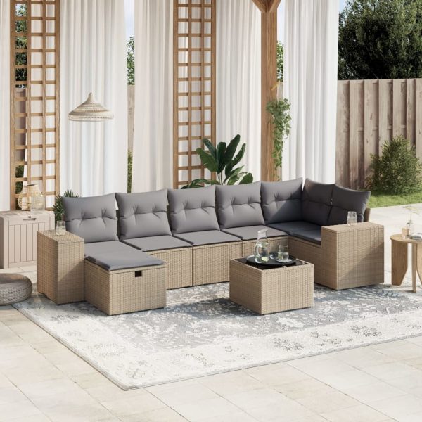 8-delige Loungeset met kussens poly rattan gemengd beige