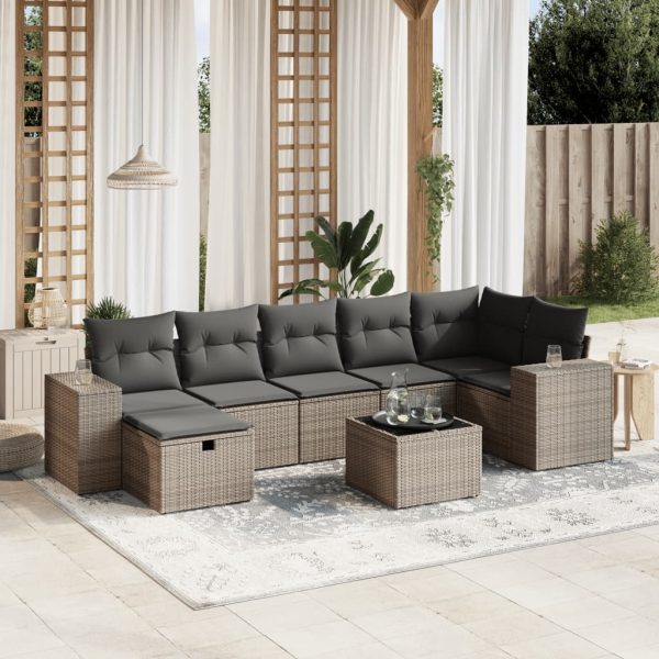8-delige Loungeset met kussens poly rattan grijs