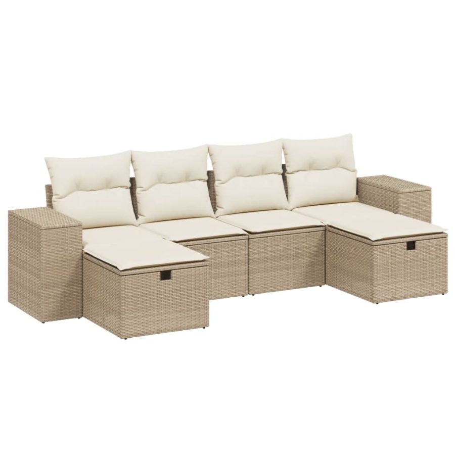 6-delige Loungeset met kussens poly rattan beige - Afbeelding 2