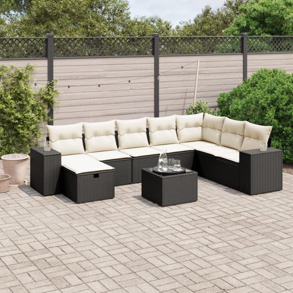 9-delige Loungeset met kussens poly rattan zwart