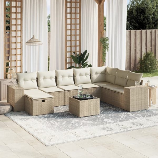 9-delige Loungeset met kussens poly rattan beige
