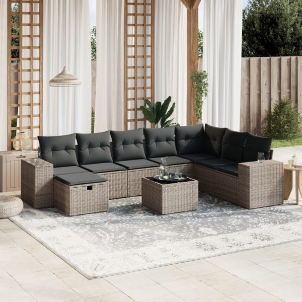 9-delige Loungeset met kussens poly rattan grijs
