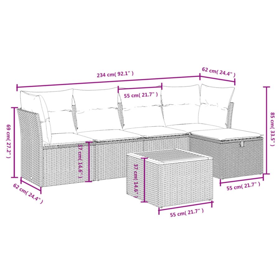 6-delige Loungeset met kussens poly rattan beige - Afbeelding 4