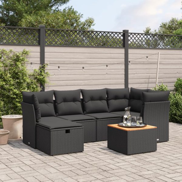 7-delige Loungeset met kussens poly rattan zwart