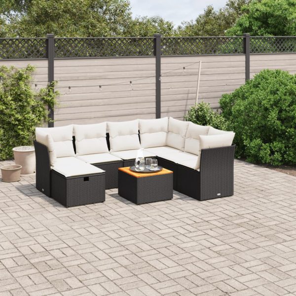 8-delige Loungeset met kussens poly rattan zwart