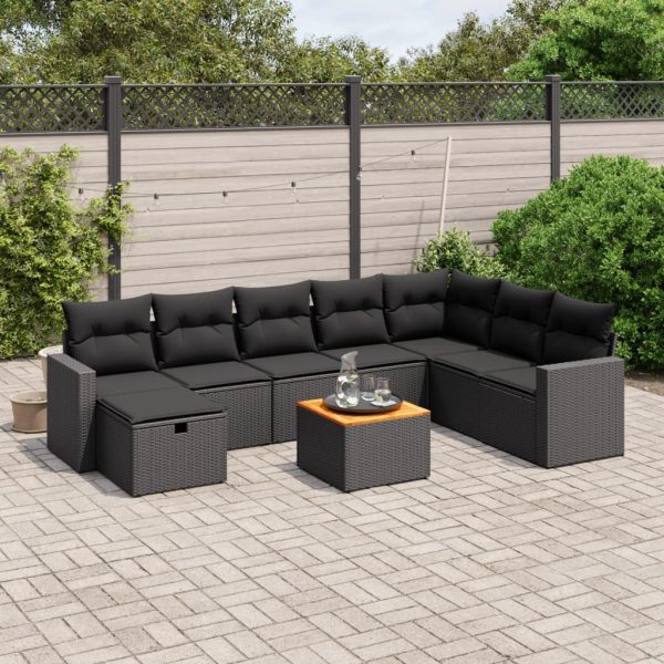 9-delige Loungeset met kussens poly rattan zwart