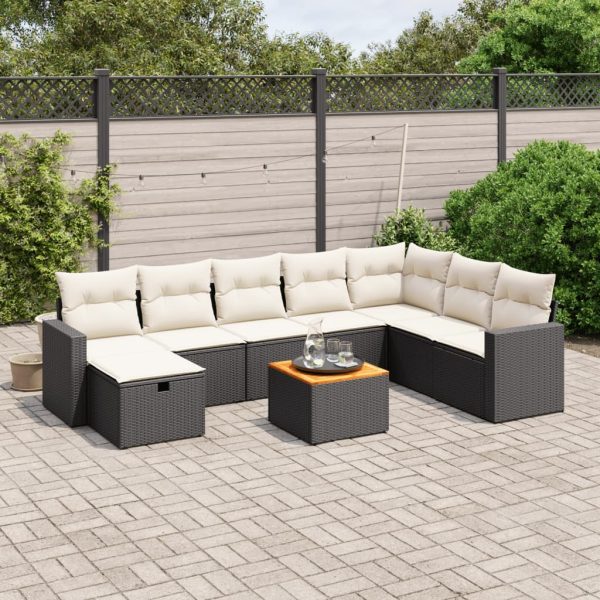 9-delige Loungeset met kussens poly rattan zwart