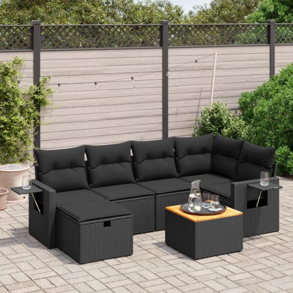 7-delige Loungeset met kussens poly rattan zwart