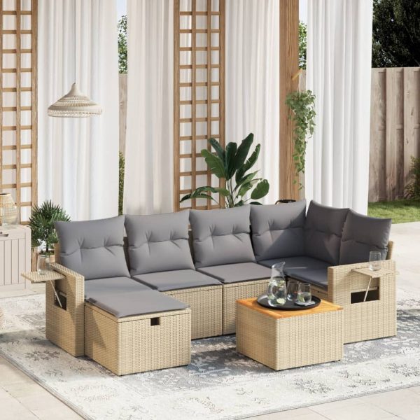 7-delige Loungeset met kussens poly rattan gemengd beige