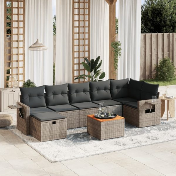 8-delige Loungeset met kussens poly rattan grijs
