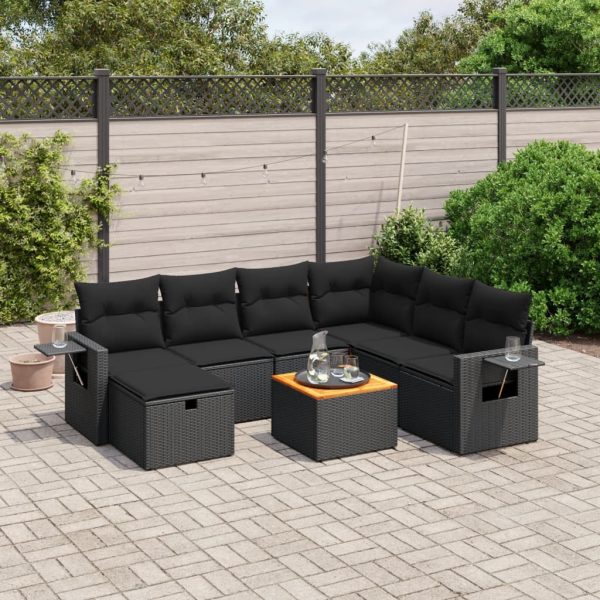 8-delige Loungeset met kussens poly rattan zwart