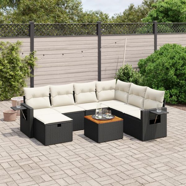8-delige Loungeset met kussens poly rattan zwart