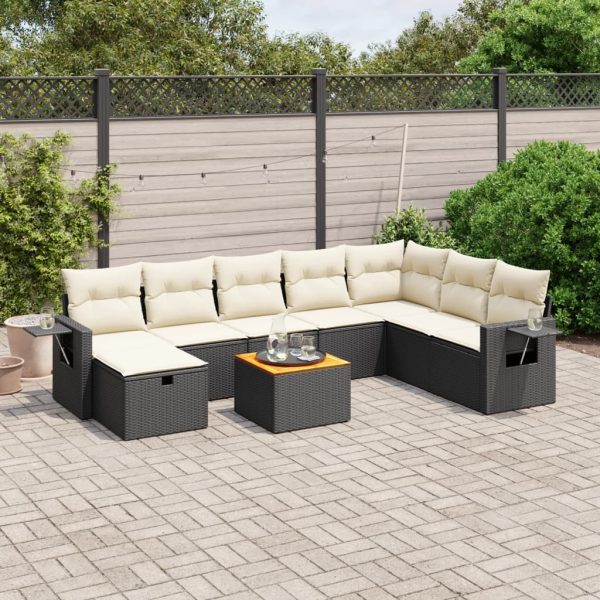 9-delige Loungeset met kussens poly rattan zwart