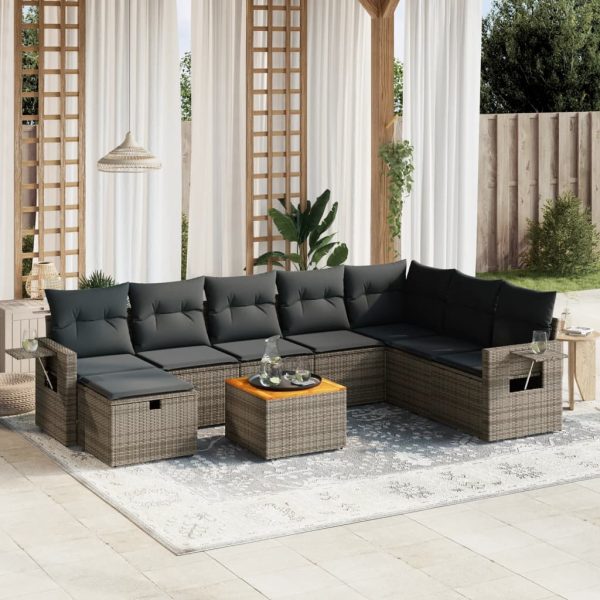 9-delige Loungeset met kussens poly rattan grijs