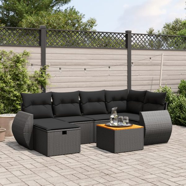 7-delige Loungeset met kussens poly rattan zwart