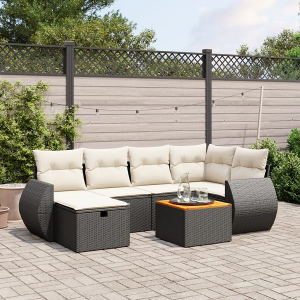 7-delige Loungeset met kussens poly rattan zwart