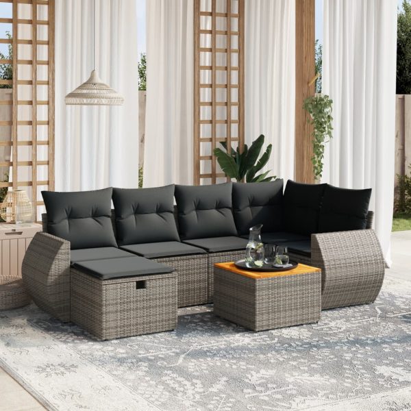 7-delige Loungeset met kussens poly rattan grijs