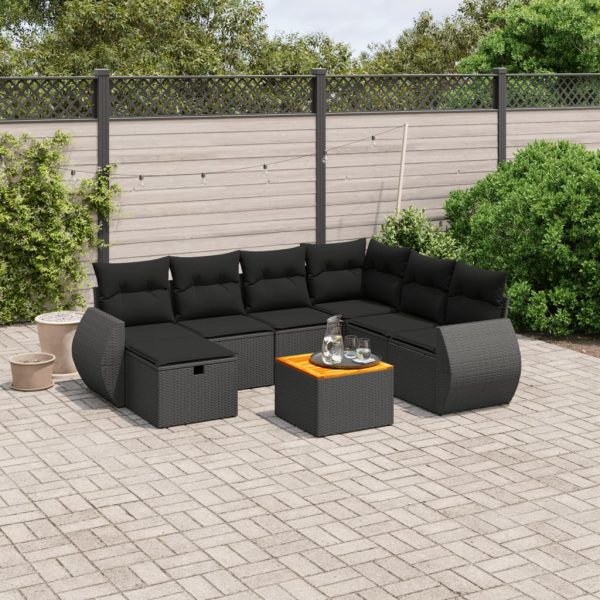 8-delige Loungeset met kussens poly rattan zwart