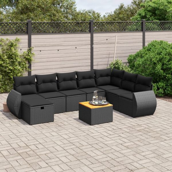 9-delige Loungeset met kussens poly rattan zwart