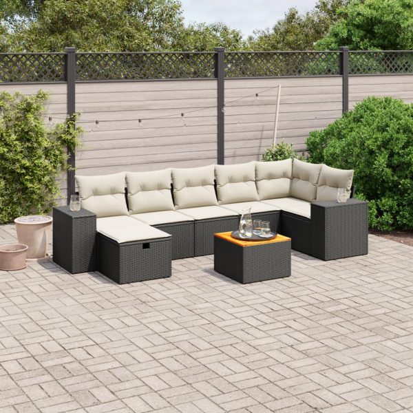 8-delige Loungeset met kussens poly rattan zwart