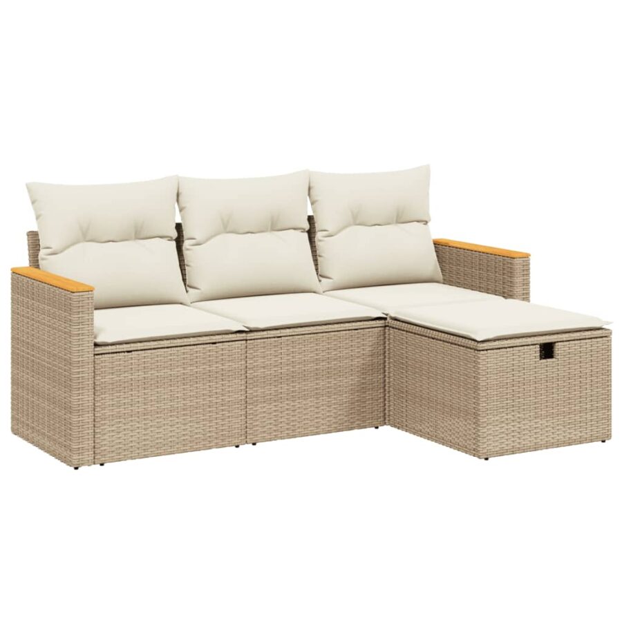 4-delige Loungeset met kussens poly rattan beige - Afbeelding 2