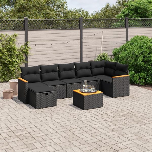 8-delige Loungeset met kussens poly rattan zwart