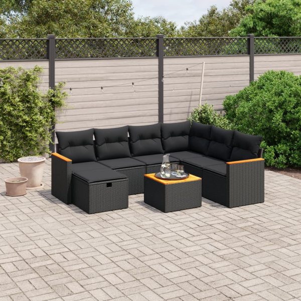 8-delige Loungeset met kussens poly rattan zwart