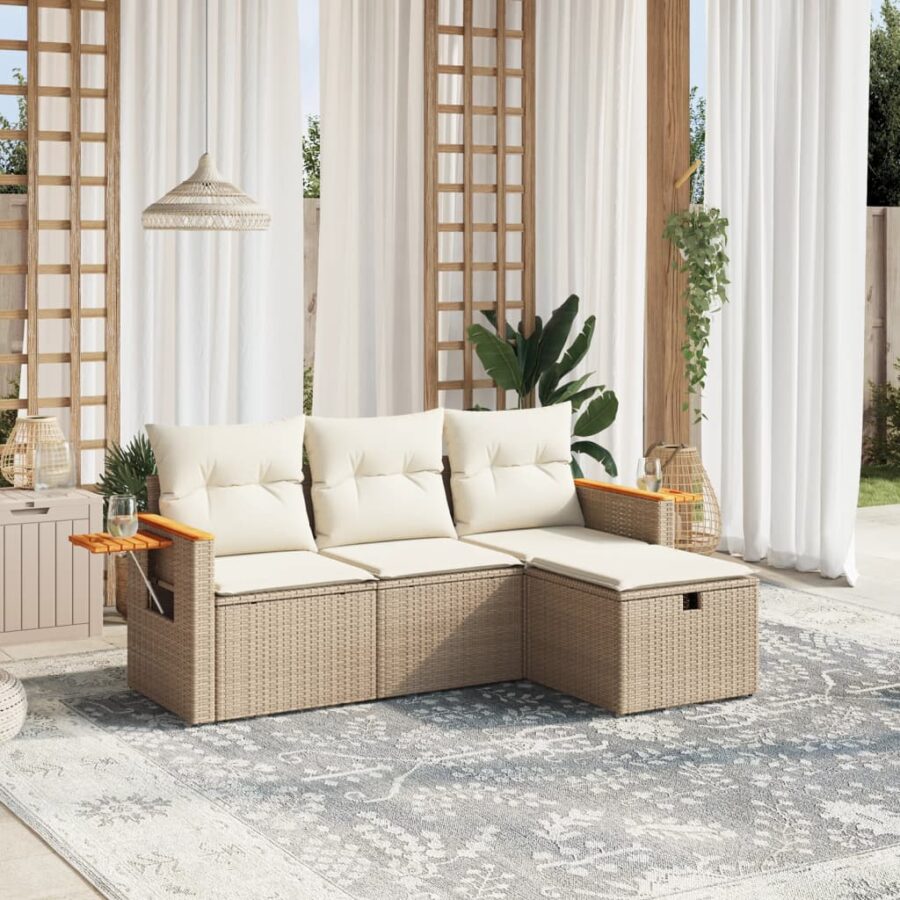 4-delige Loungeset met kussens poly rattan beige