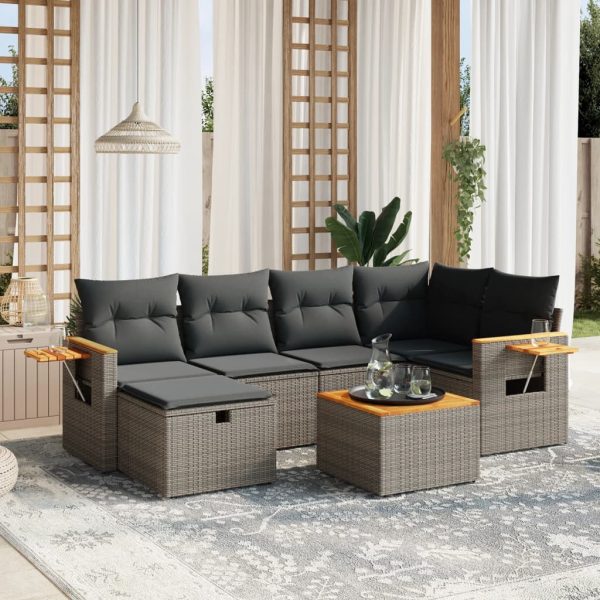 7-delige Loungeset met kussens poly rattan grijs