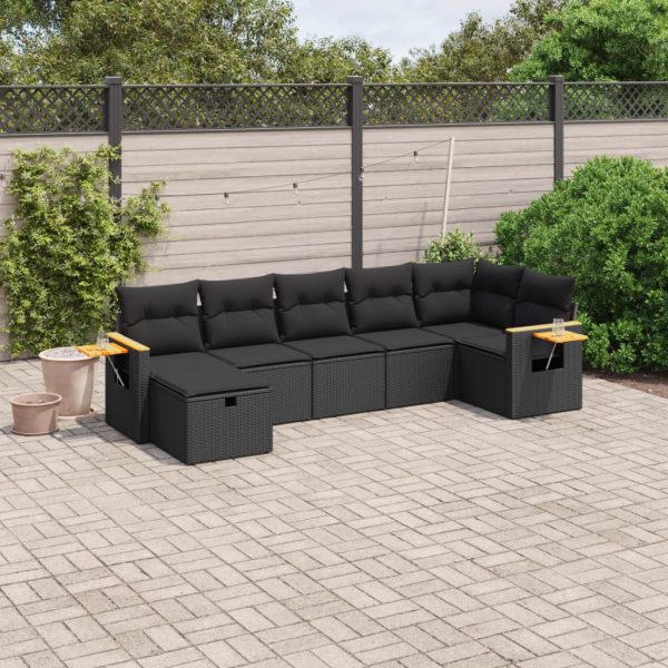 7-delige Loungeset met kussens poly rattan zwart