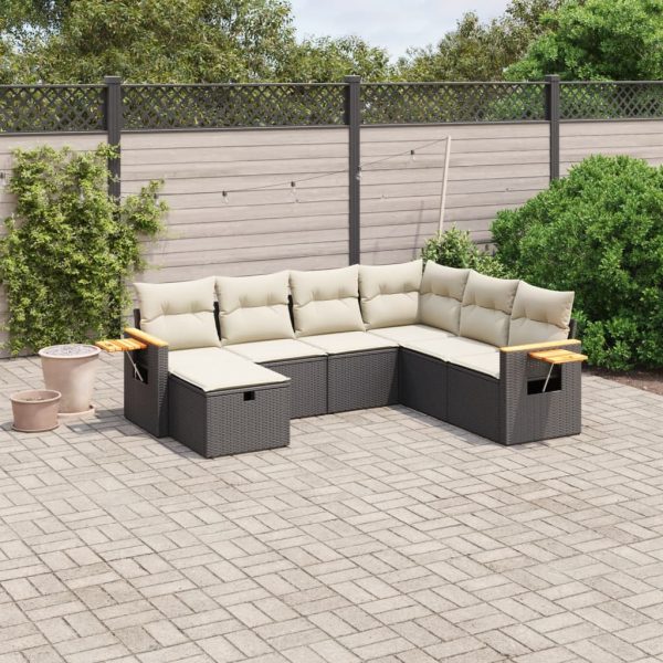 7-delige Loungeset met kussens poly rattan zwart