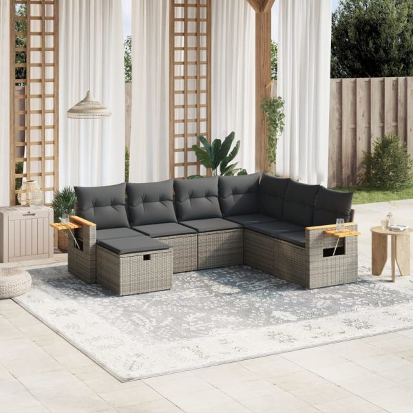 7-delige Loungeset met kussens poly rattan grijs
