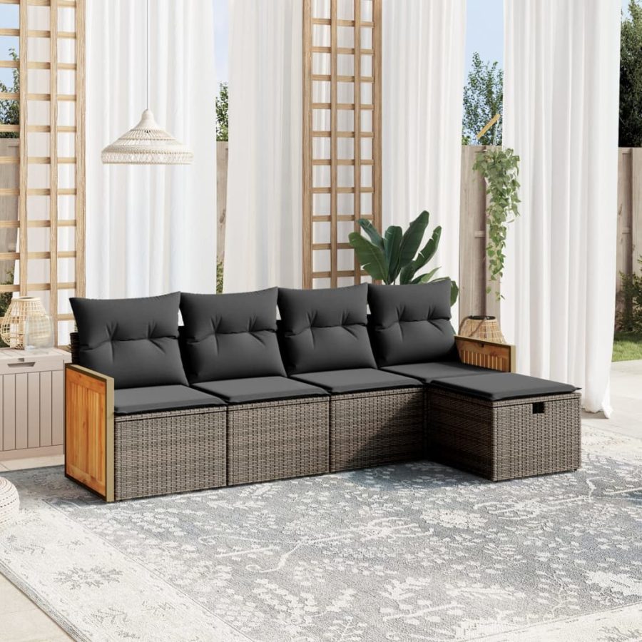 5-delige Loungeset met kussens poly rattan grijs