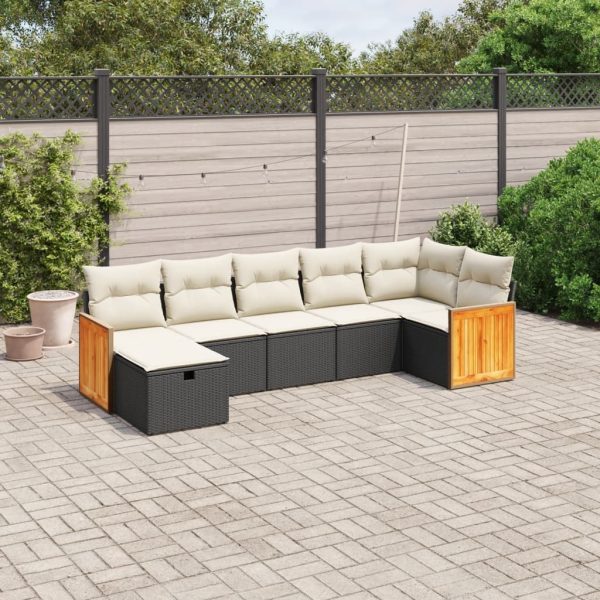 7-delige Loungeset met kussens poly rattan zwart