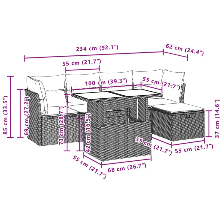 6-delige Loungeset met kussens poly rattan grijs - Afbeelding 12
