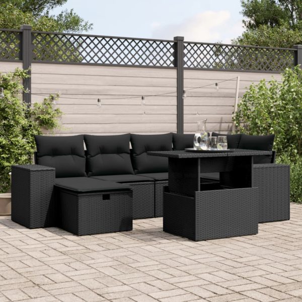 7-delige Loungeset met kussens poly rattan zwart
