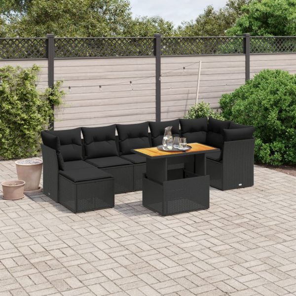 8-delige Loungeset met kussens poly rattan zwart