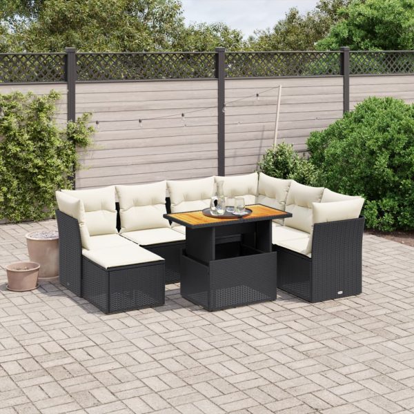8-delige Loungeset met kussens poly rattan zwart