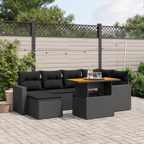 7-delige Loungeset met kussens poly rattan zwart