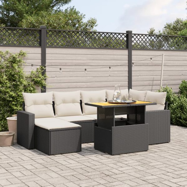 7-delige Loungeset met kussens poly rattan zwart
