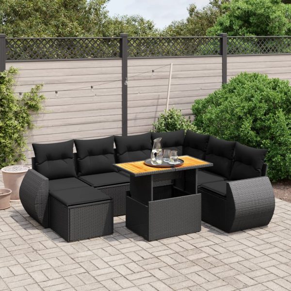 8-delige Loungeset met kussens poly rattan zwart