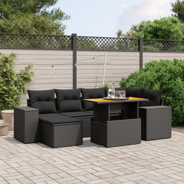 7-delige Loungeset met kussens poly rattan zwart