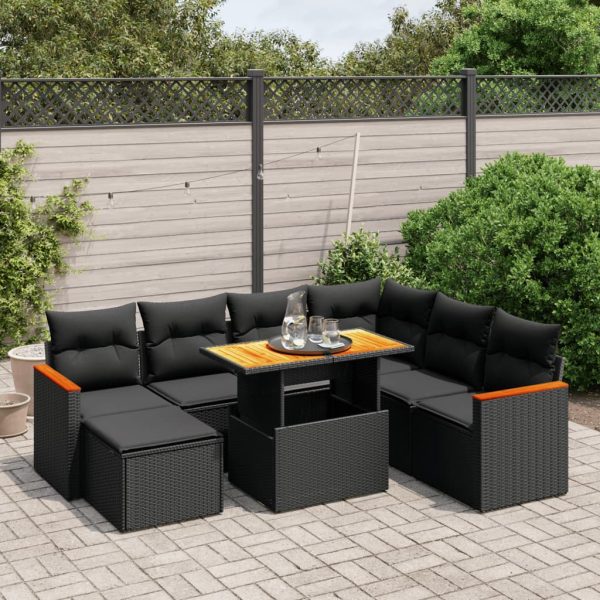 8-delige Loungeset met kussens poly rattan zwart