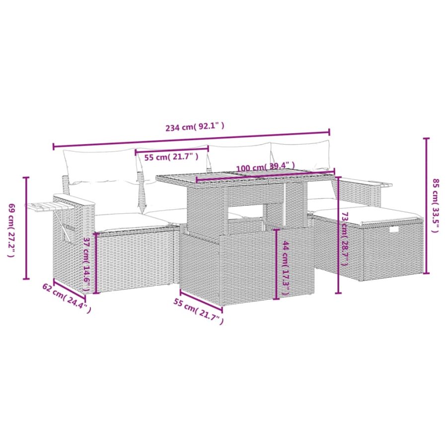 6-delige Loungeset met kussens poly rattan beige - Afbeelding 4