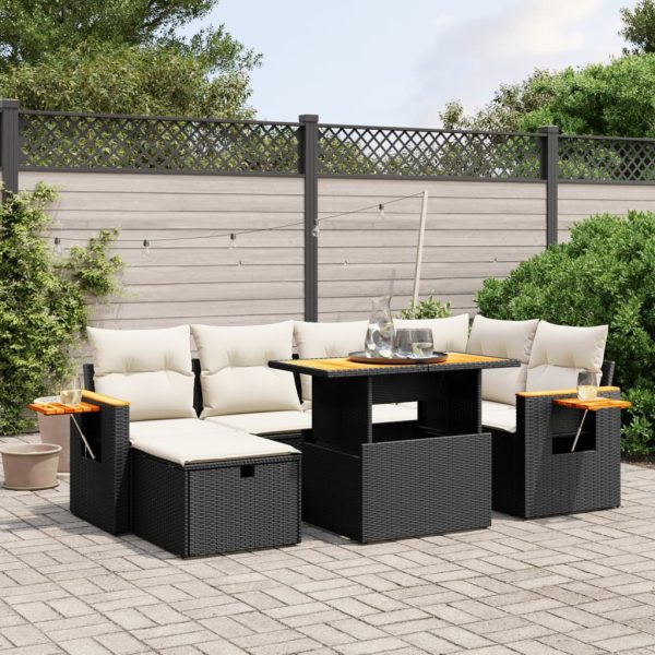 7-delige Loungeset met kussens poly rattan zwart