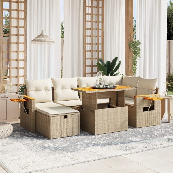 7-delige Loungeset met kussens poly rattan beige