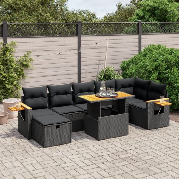8-delige Loungeset met kussens poly rattan zwart